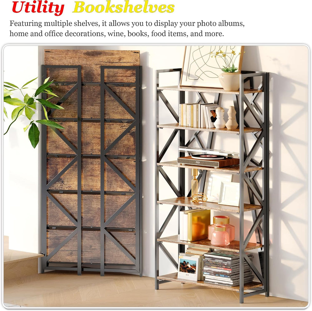 UDD No Assembly Folding Bookshelf, 61.9" H x 23.6" W, 6 Tier Foldab...