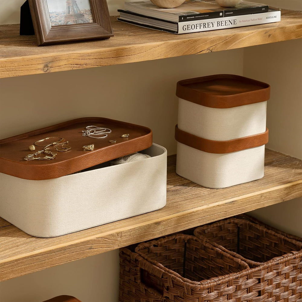 LA JOLIE MUSE Decorative Storage Boxes with Lids Faux Leather, Beige 3 Pack