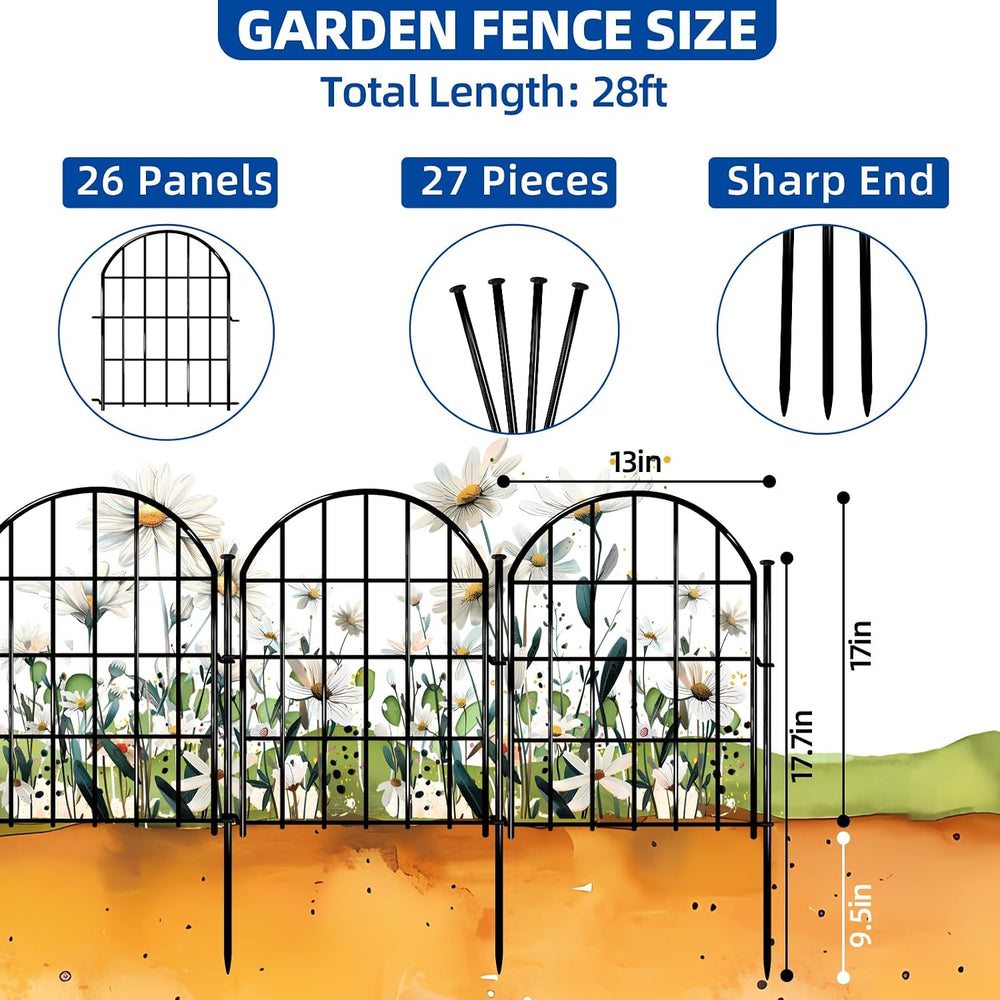 17in X 28ft Decorative Garden Fence, 26 Panels Rustproof Metal No Dig Fence, ...