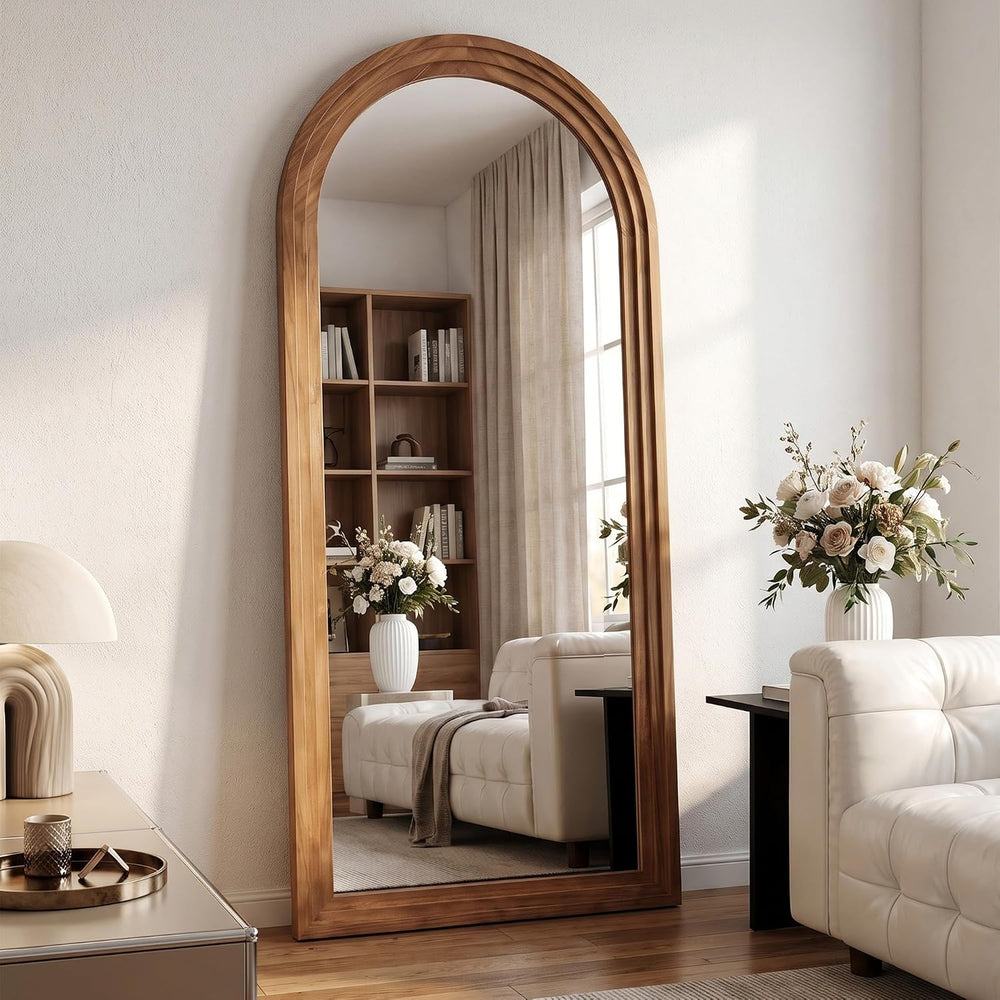 71"x32" Arched Full Length Mirror, Large Wood Floor Mirror, Brown