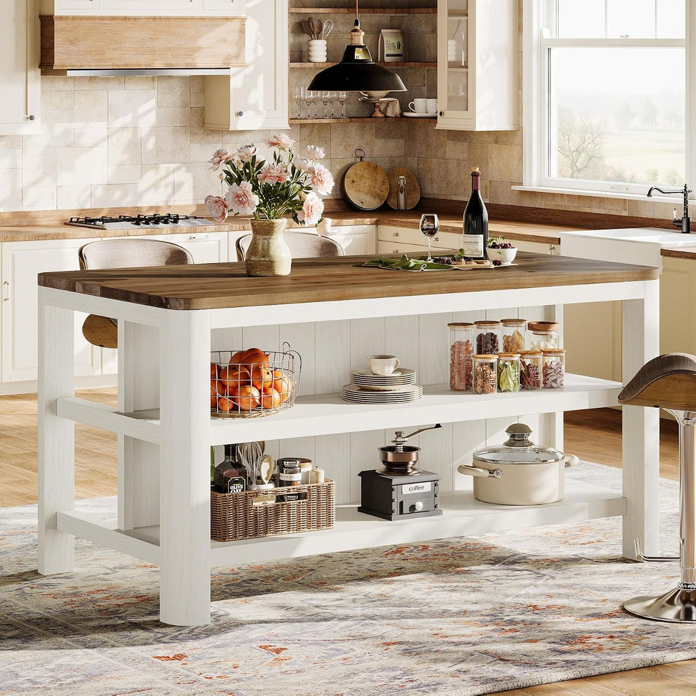 63" Solid Wood Kitchen Island with Storage Shelves, White & Brown