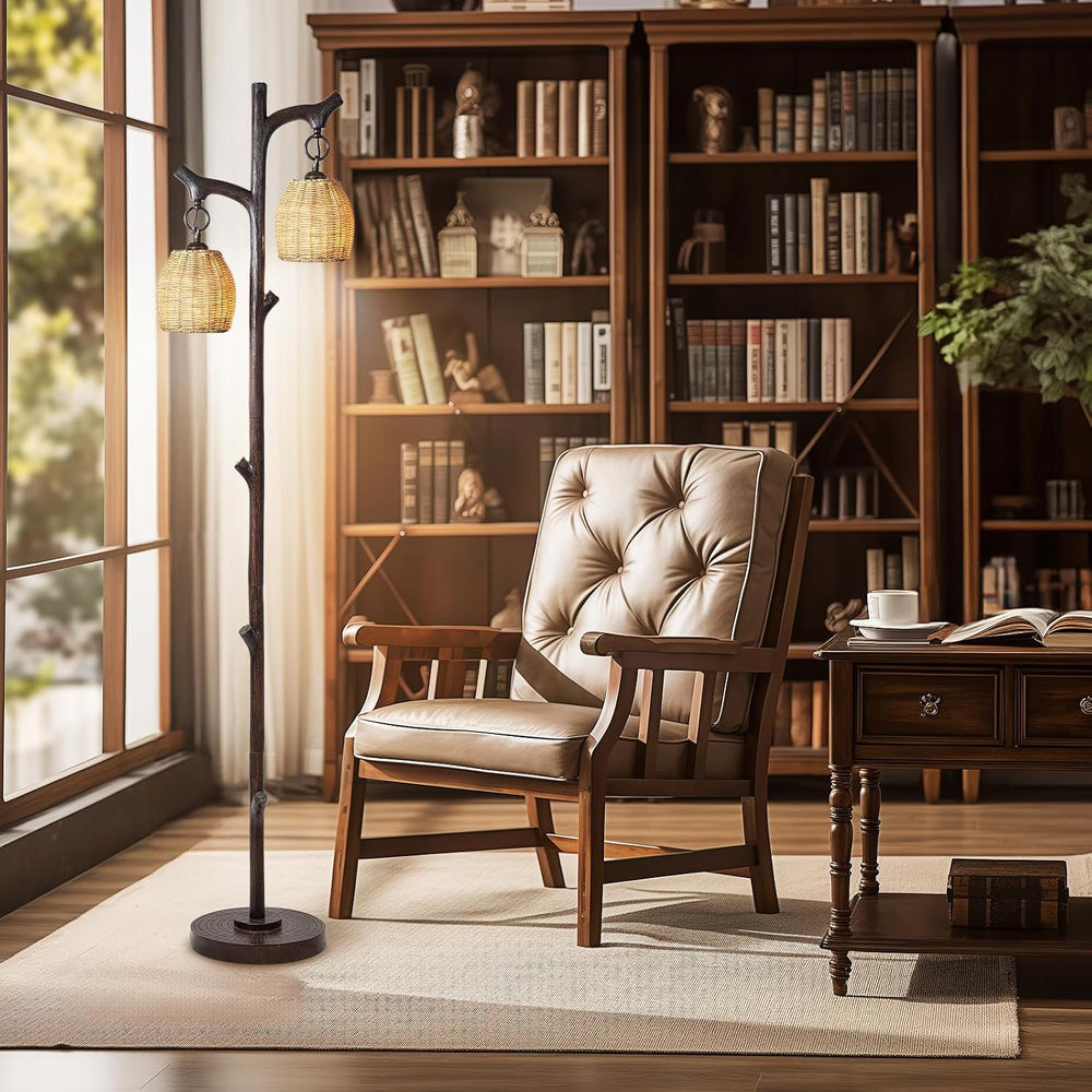 Scenekoy 68" Tall Floor Lamp with Wicker Drum Shade, Foot Switch Dimming