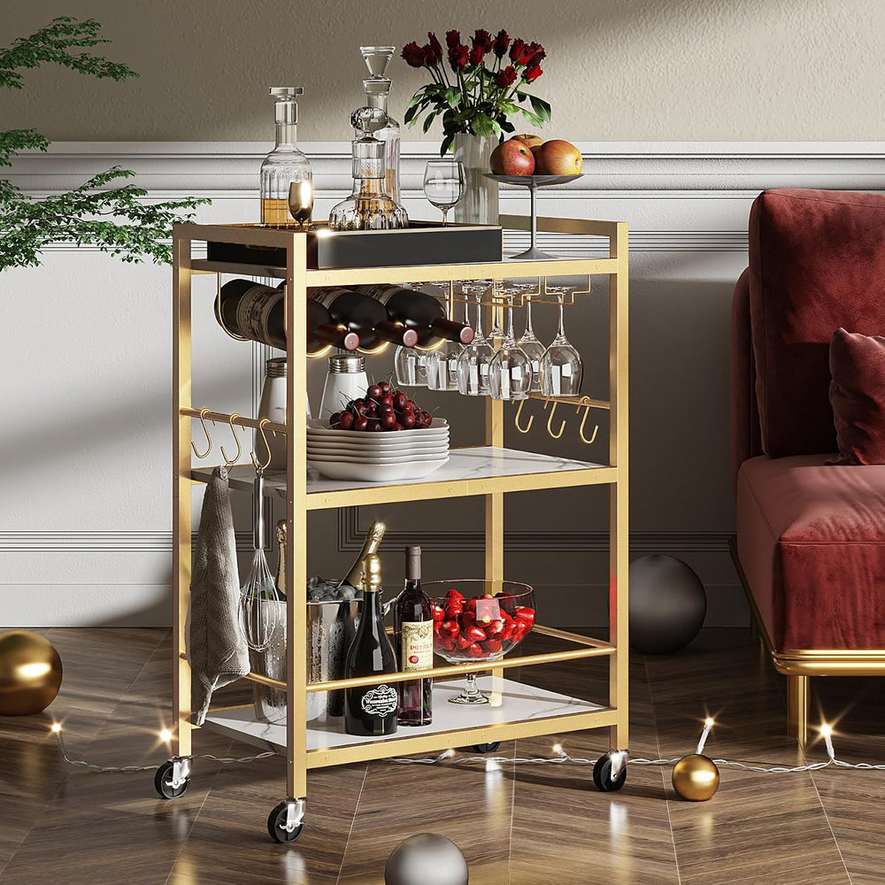 TUTOTAK Bar Cart with Wheels, Drink Cart with Wine Rack and Glass Holder