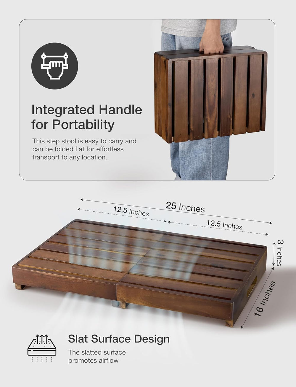 HOLANA 25in Foldable Wood Step Stool for Adults with Handles (Walnut Color)