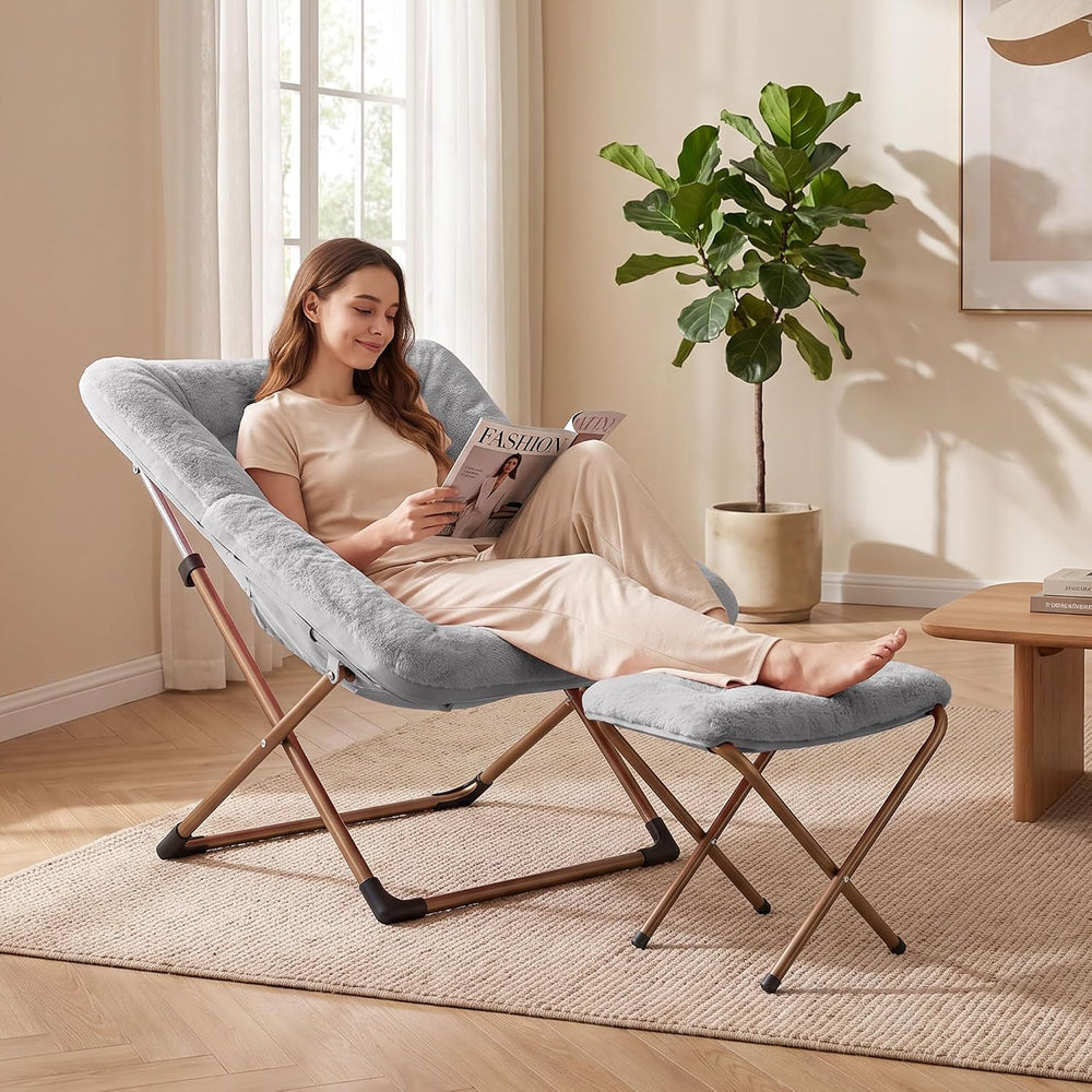 Youtanic Comfy Oversized Saucer Chair with Ottoman,Soft Faux Fur Reading Loun...