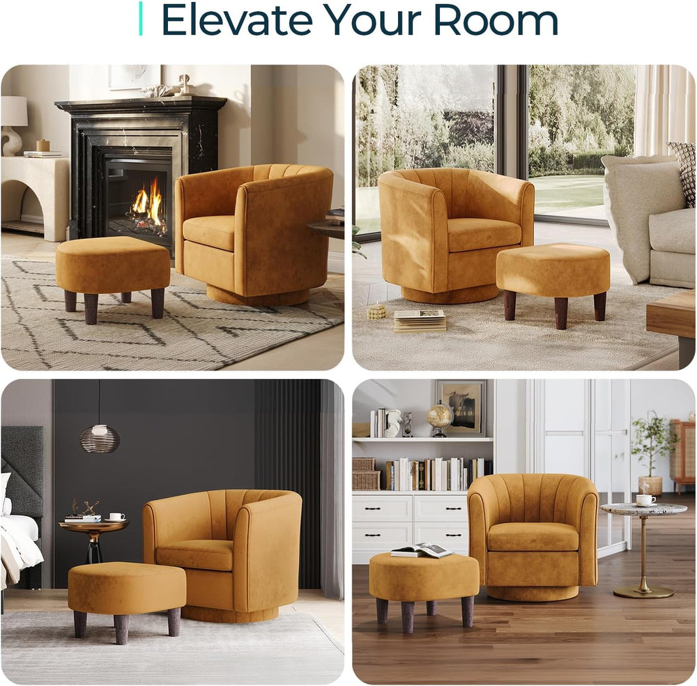 LINSY Swivel Accent Chair with Ottoman: Small Velvet Barrel Chair 360 Swivel ...