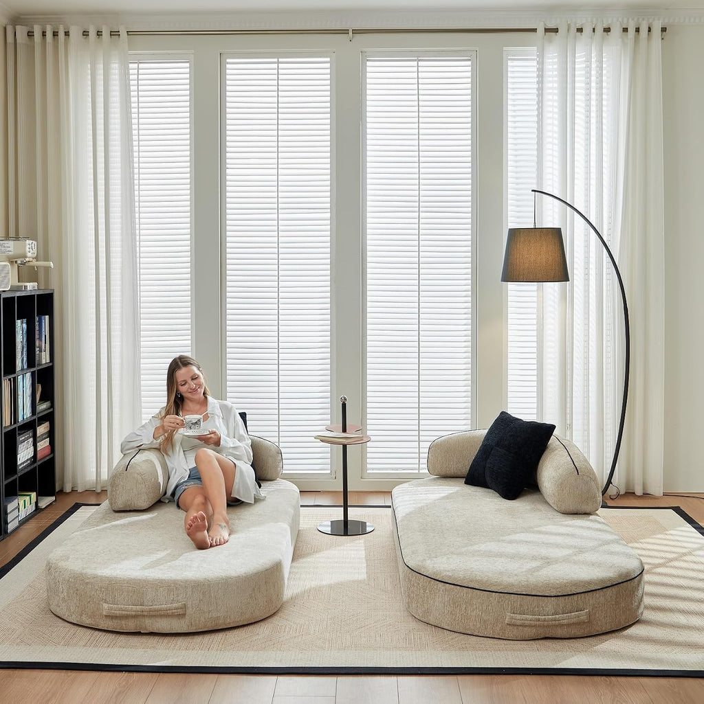 4-in-1 Folding Convertible Sofa Bed, 78 Inch Compression Oversized Corduroy Upholstered Boneless Couch with Fixed-Shape Frame, Loveseat Sleeper with Pull Out Bed, Modular Futon Couch,Beige