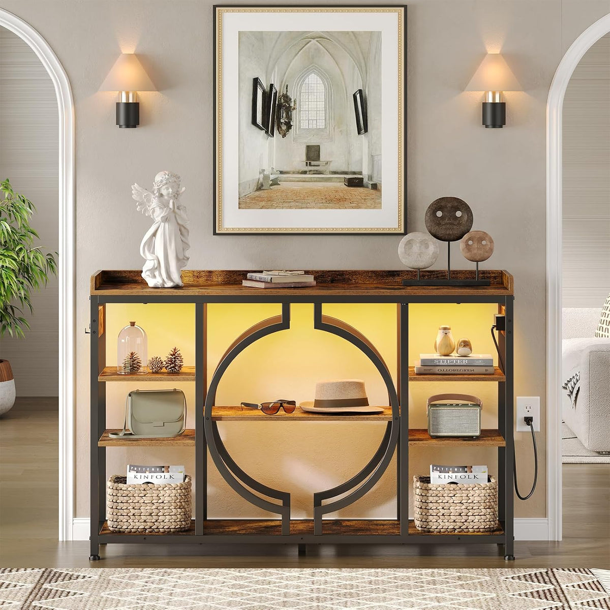 47.2 Inch Console Tables with Charging Station and LED Light, Rustic Brown