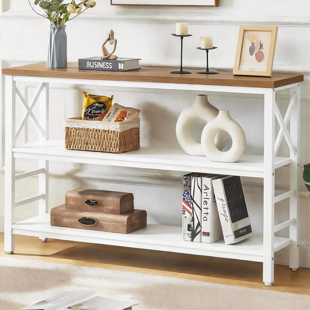 Hombazzar 3-Tier Sofa Table,Console Tables for Entryway,White & Brown 47" | Stable Support,Multi-functional use for home,Easy Assembly,Scratch Resistant & Rustproof