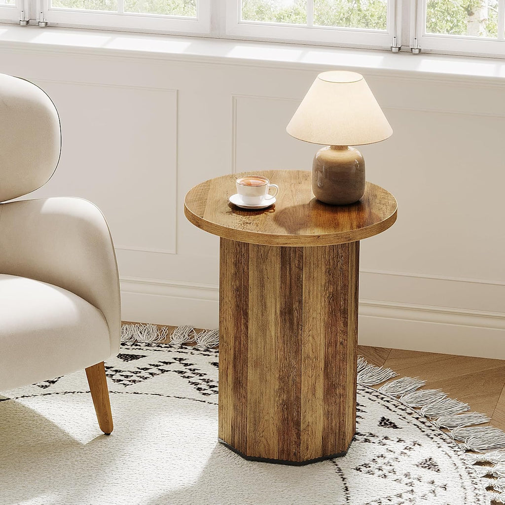 Tribesigns Round End Table, Farmhouse Fluted Side Table with Pedestal Base, Wooden Nightstand Accent Furniture for Living Room, Small Space, Bedroom (Brown)