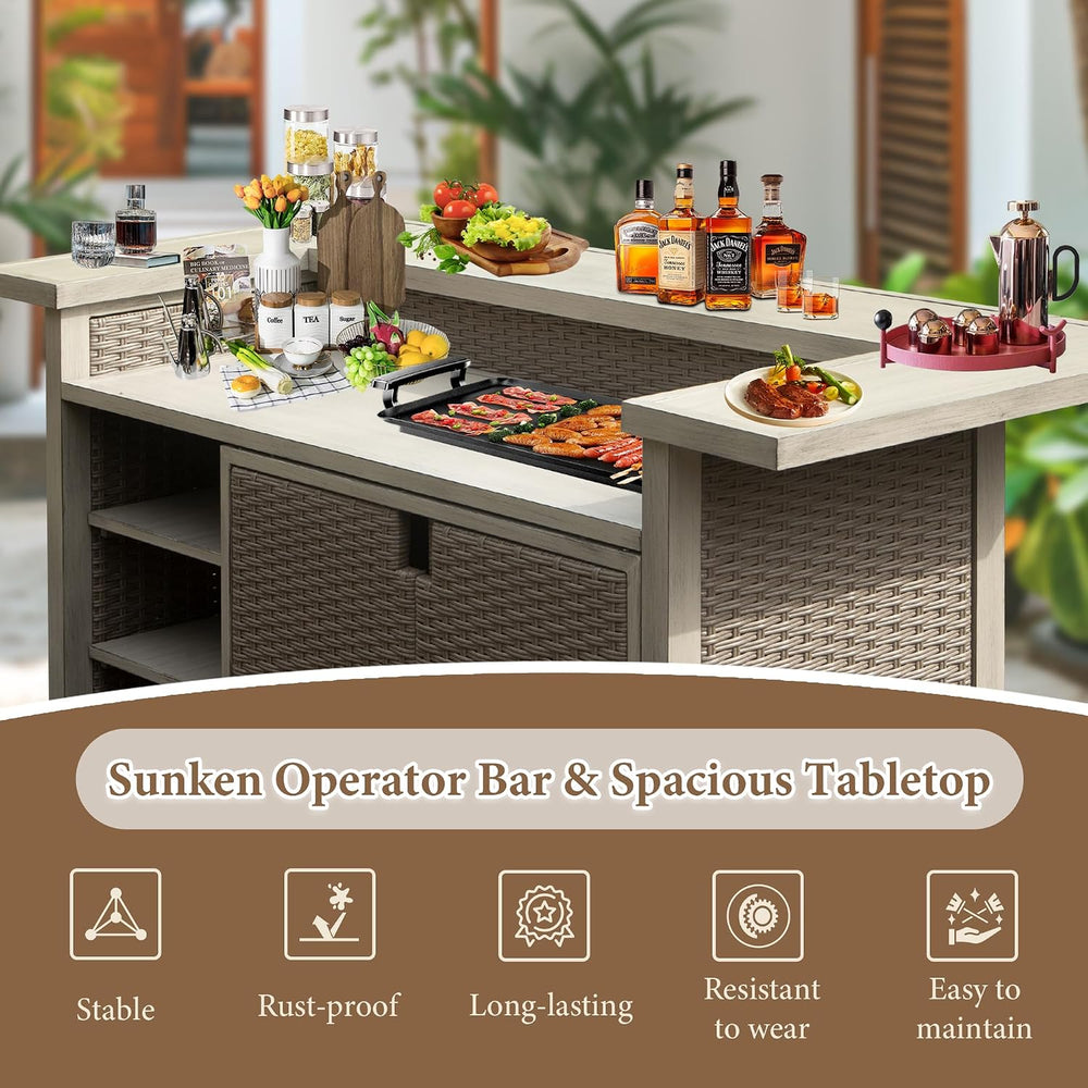 Domi Patio Bar Table, Outdoor Aluminum PE Wicker Bar Cart with Cabinet, All W...