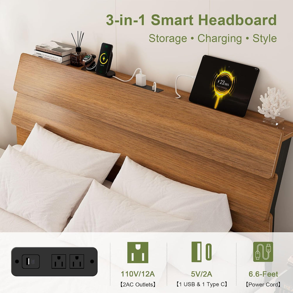 Feonase Floating Bed Frame Full with Led Lights and Charging Station, Wood Fu...
