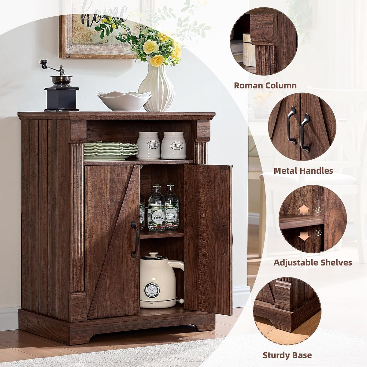 BuildHom 24" Farmhouse Storage Cabinet with Barn Doors, Coffee Bar Cabinet