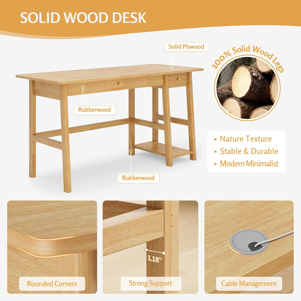 NELYE Solid Wood Writing Desk with Drawer, 58" W x 24" D, Oak