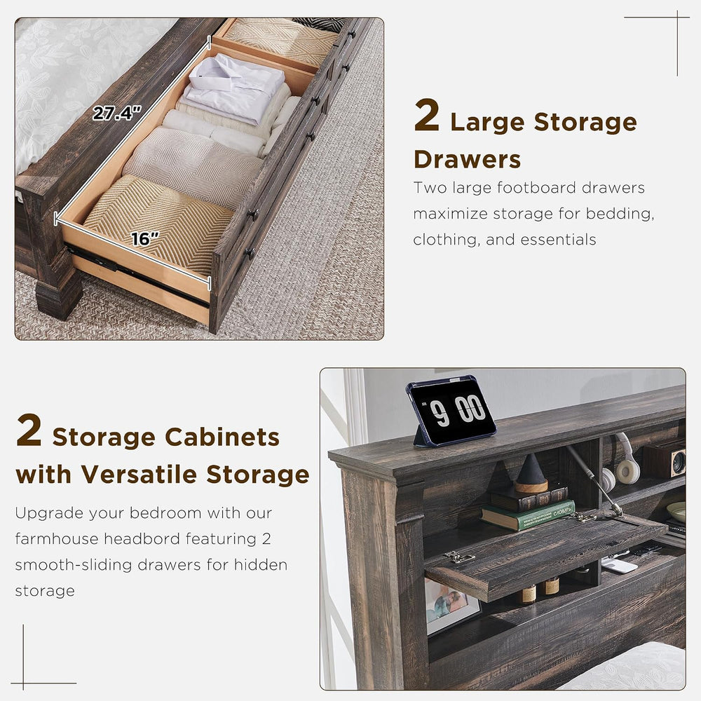 Queen Size Bed Frame with 54" Tall Headboard with 4 Storage Rack, 2 Drawers