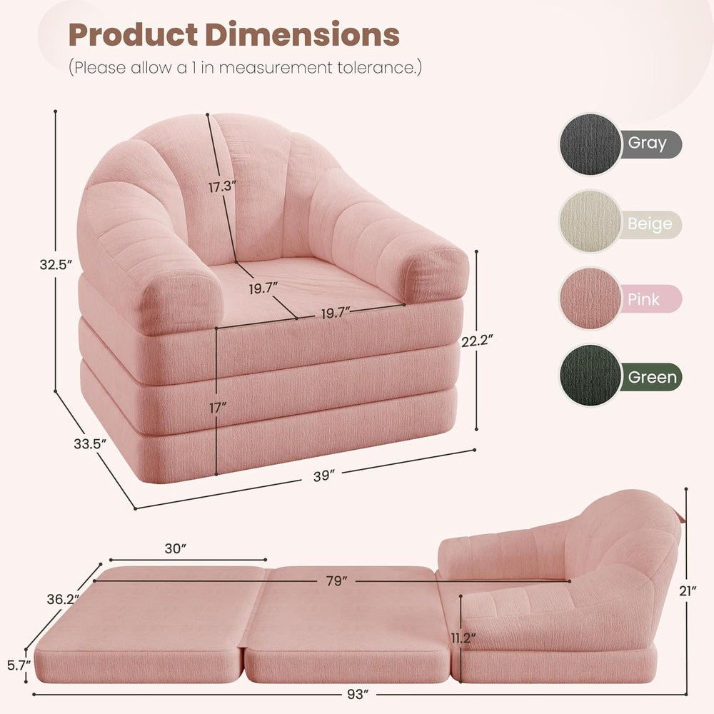 Yaheetech 93" Folding Sofa Bed Convertible Sofa Chenille, Pink