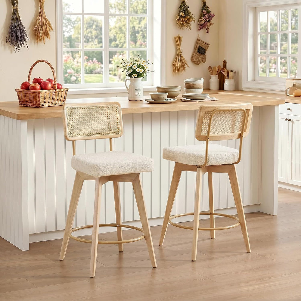 26" Swivel Boho Bar Stools Set of 4, Solid Wood, Rattan, Beige