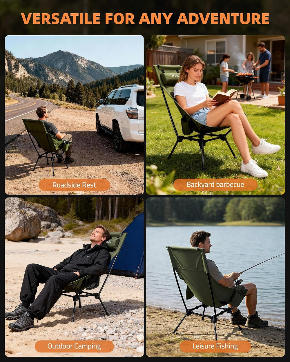 Trakiom High Back Camping Chair with Head/Neck Support Widened Seat, Green