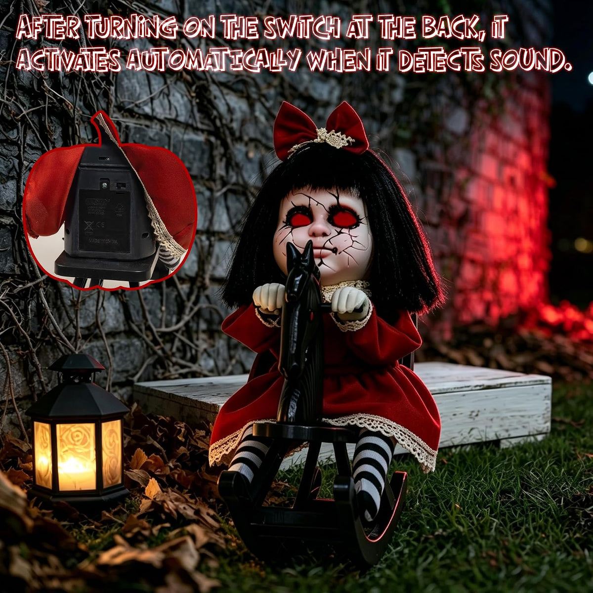 Hourleey Halloween Animatronics Decorations, Sound Activated Girl Doll on Rocking Horse with Lights and Sound, Animated Halloween Decor for Indoor Outdoor Haunted House Party Prop