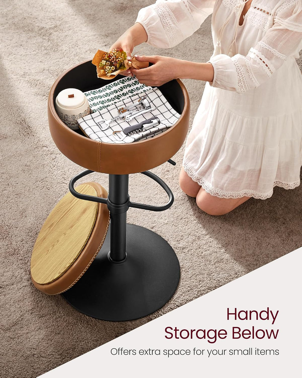 VASAGLE 360° Swivel Bar Stools Set of 3, Height Adjustable, with Storage