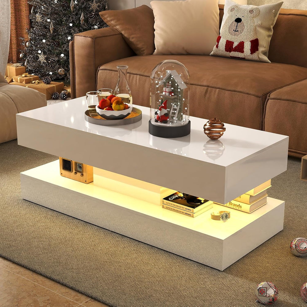 Verano Garden 47" High Gloss LED Coffee Table, Large Storage Center Table