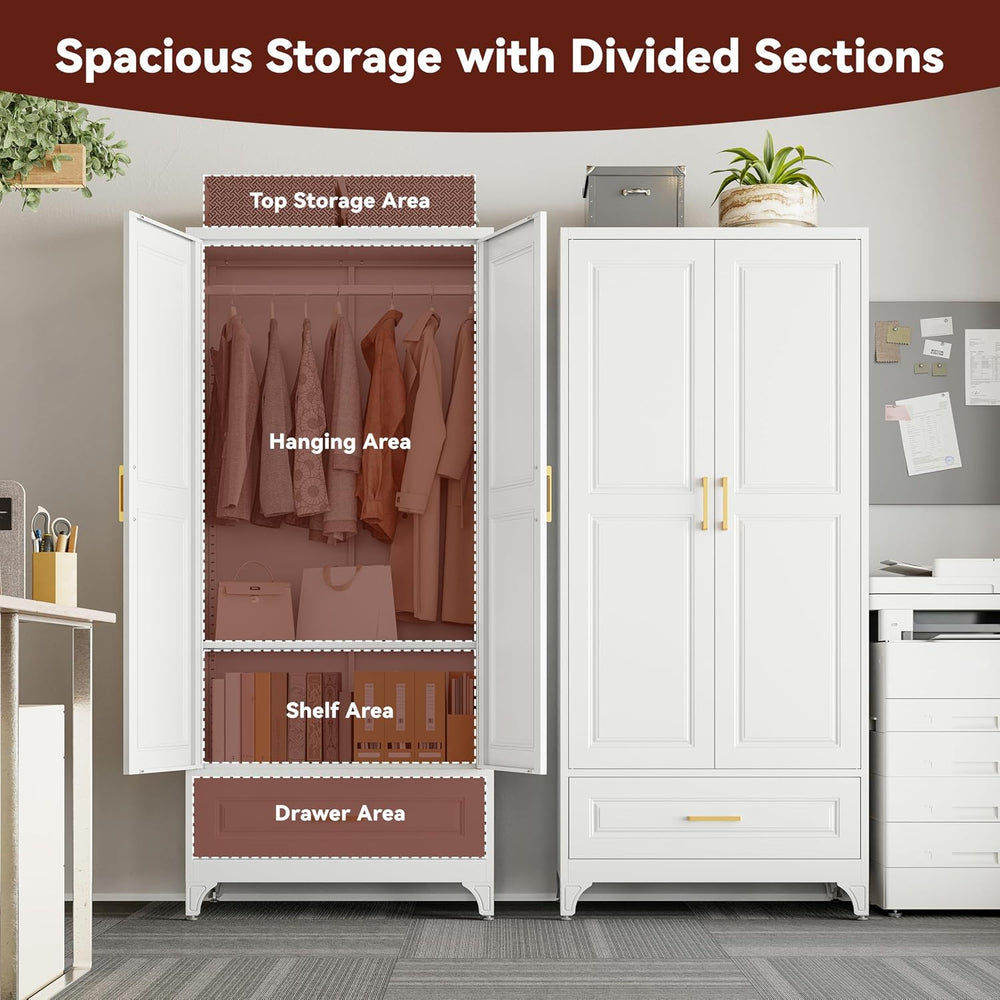 71" Tall Wardrobe Closet with Doors and Adjustable Shelves, White