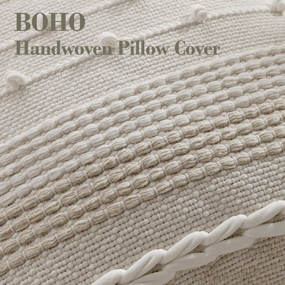 DEZENE Boho Pillow Cover 18x18 Beige - Handmade Woven Textured Throw Pillow C...