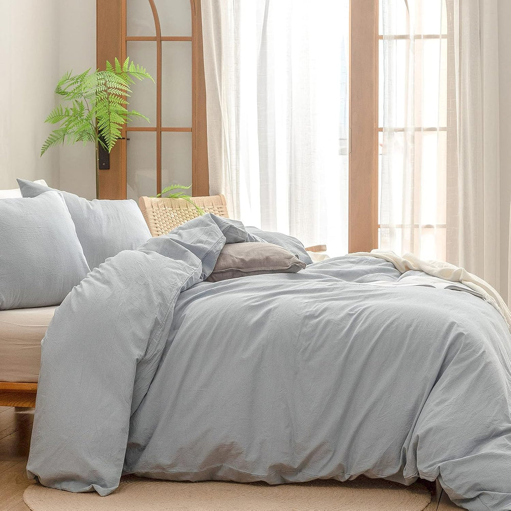 BESTOUCH Cotton Solid Duvet Cover Set Linen Feel Cornflower Blue Queen