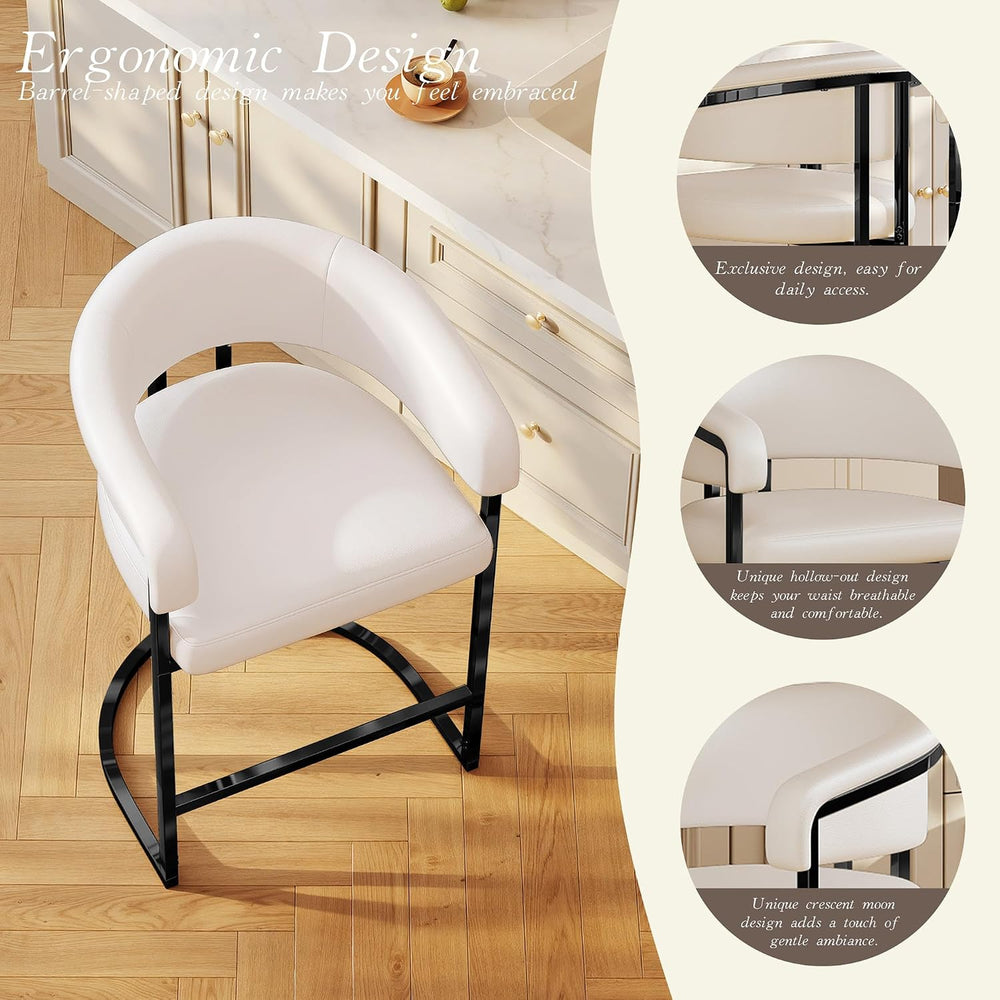 Modern Counter Height Bar Stools Set of 2,PU Leather Upholstered Barrel Barst...
