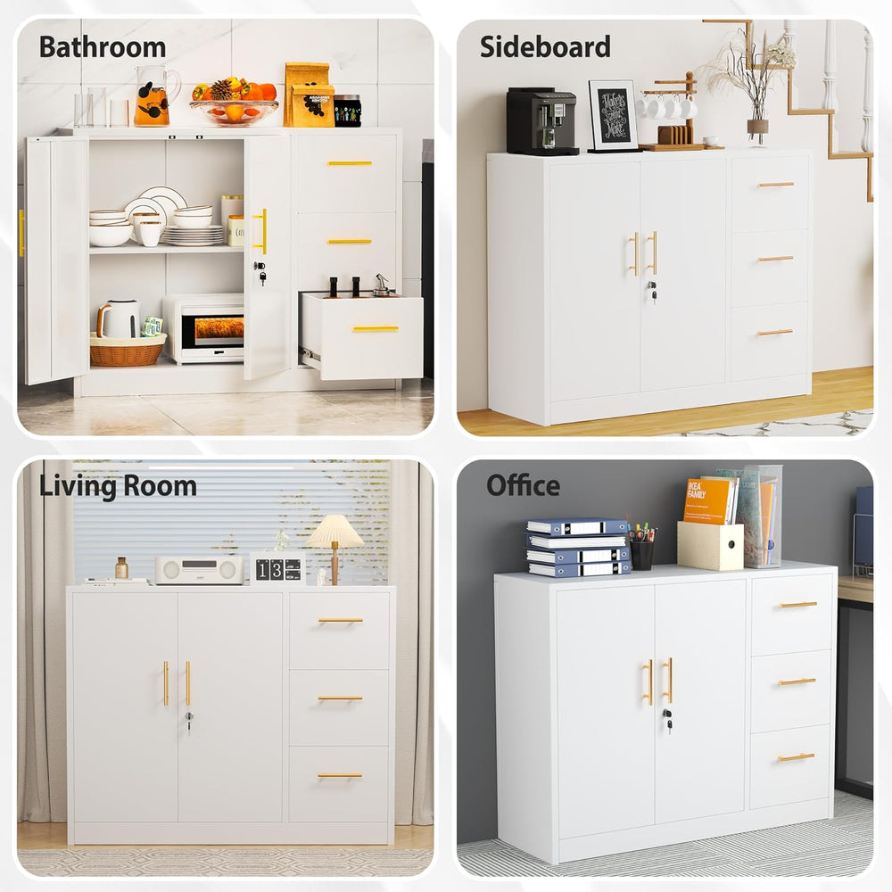 PAOFIN Sideboard Buffet Cabinet, Metal Storage Cabinet with 2 Doors and 3 Dra...
