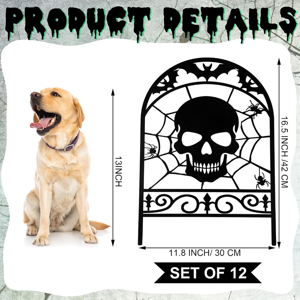 Yaocom 12 Pack Halloween Skull Fence, 16.5" H x 11.8" W Metal Outdoor Decor