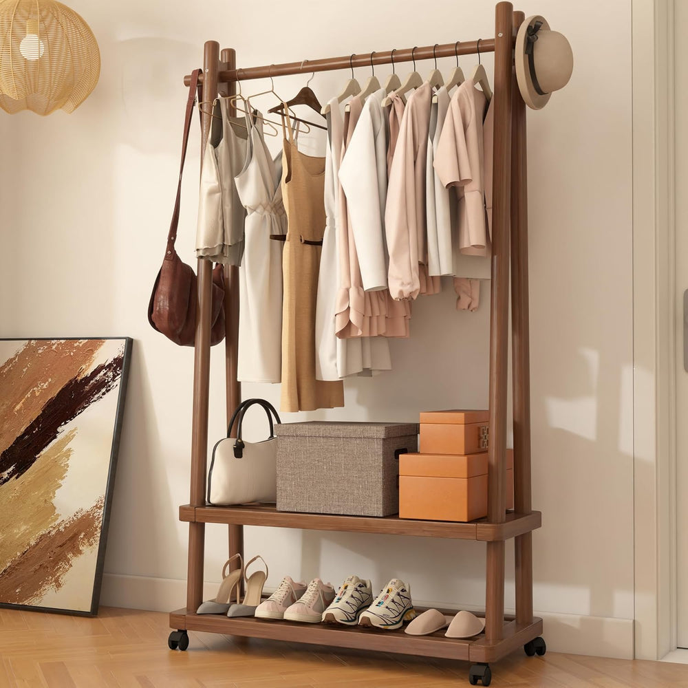 Solid Wood Clothing Rack with Wheels, Garment Rack Shelves, 31.5"W WALNUT