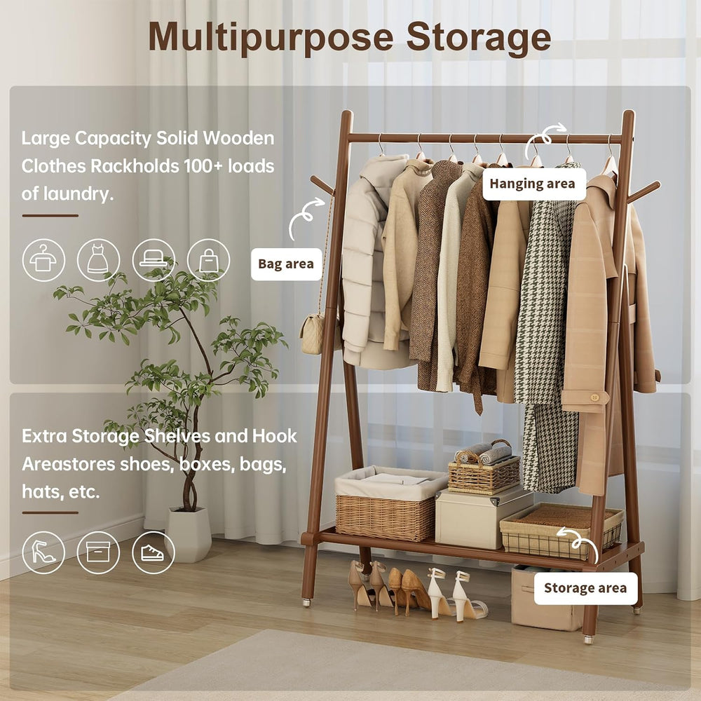 Muwuele Solid Wood Clothing Rack On Wheels for Hanging Clothes，Walnut