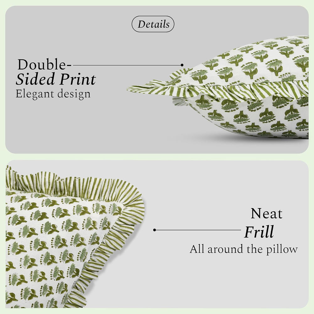 CPC Emerald Green Block Print Ruffle Pillow Cover 18x18 Inch, Pack of 2