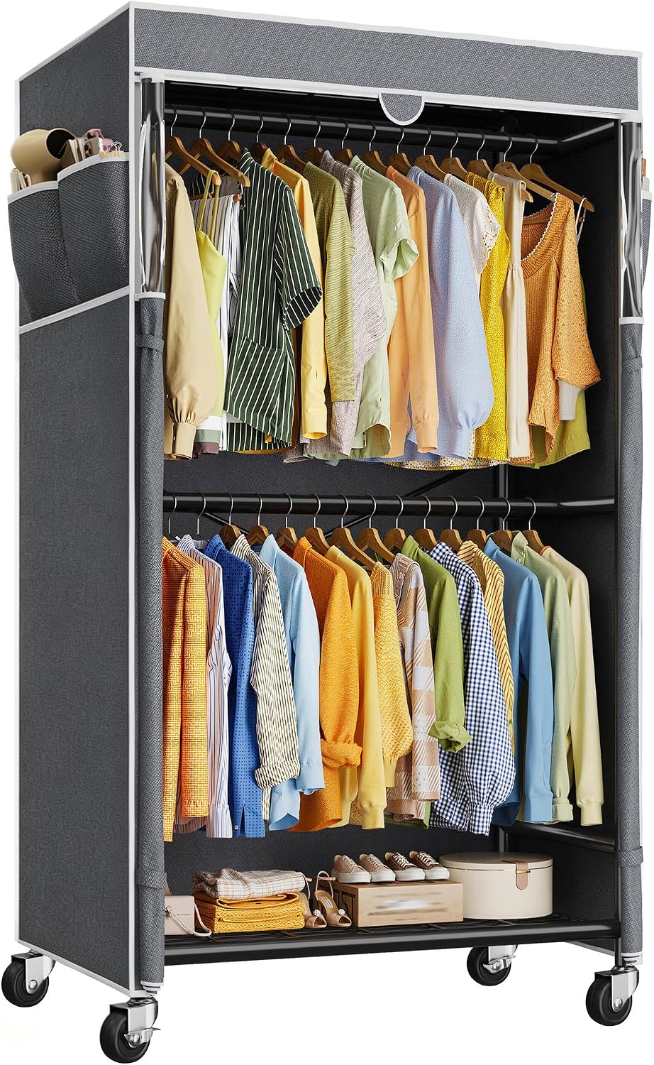 Raybee Clothes Rack with Cover, Rolling Portable Closet with Wheels, 308LBS