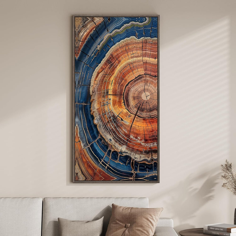 Framed Vertical Vintage Rustic Tree Ring Wall Art for Living Room, 20x40 In