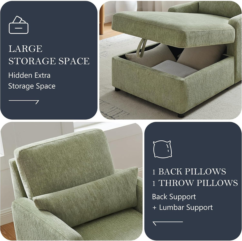 63.8" Large Chaise Lounge Chair with Storage, Chenille Sage Green