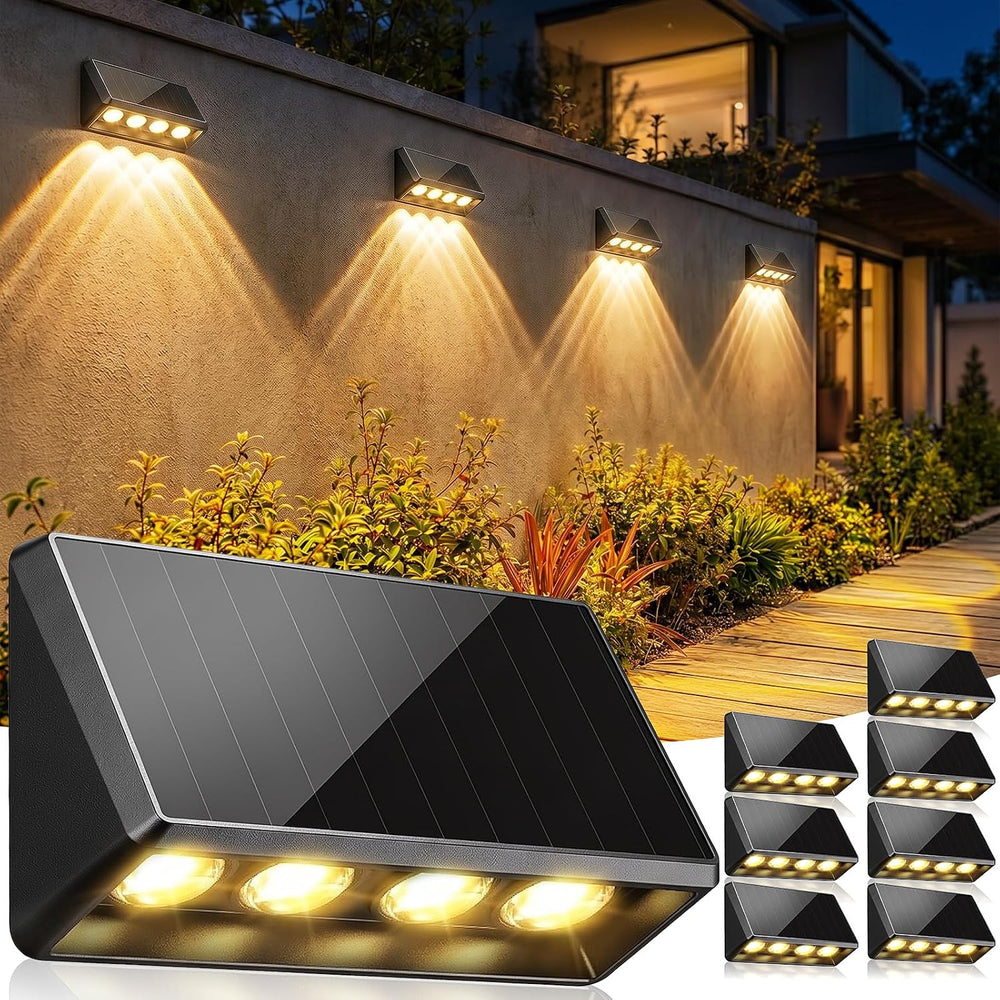 Solar Wall Lights Outdoor, 4-LED 3 Modes Fence Lights Solar Powered, 8 Pack