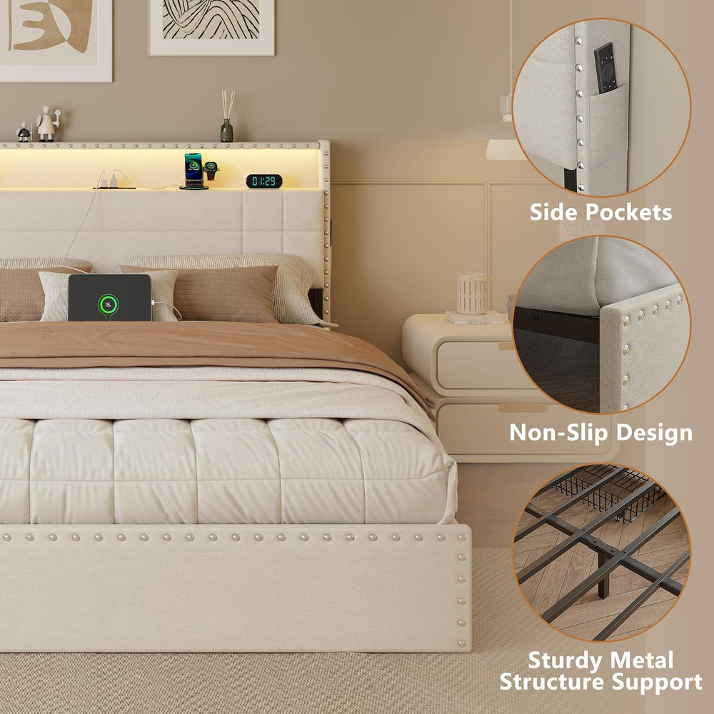 Forestell Queen Bed Frame with 4 Drawers & Storage Headboard, Beige