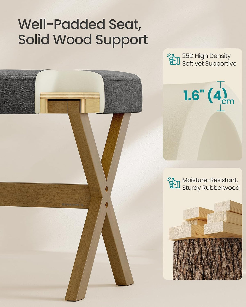 SONGMICS Makeup Stool, Padded Vanity Foot Rest, Solid Wood X Legs