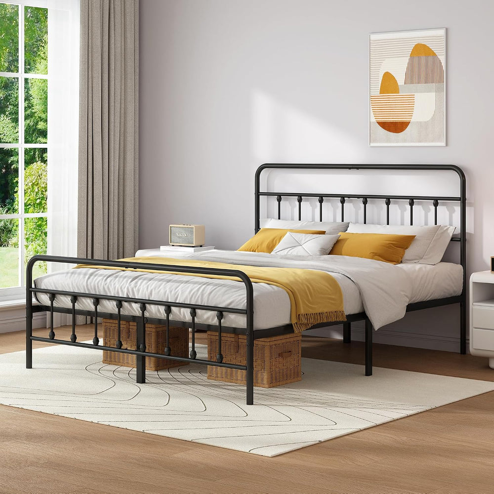 Vengarus Full Metal Bed Frame with Victorian Headboard & Footboard, Black