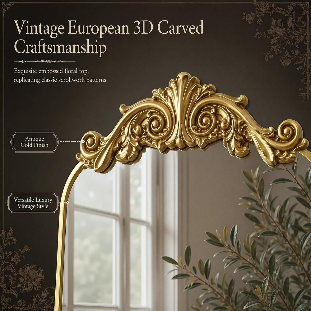 Antok Arched Full Length Mirror, 71"x28" Floor Mirror with Carved, ...