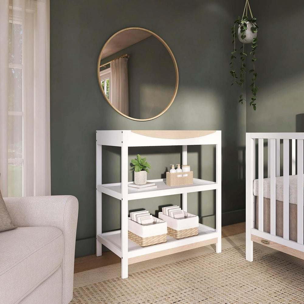 Dream On Me Emerson Changing Table with Shelves, White & Vintage White Oak