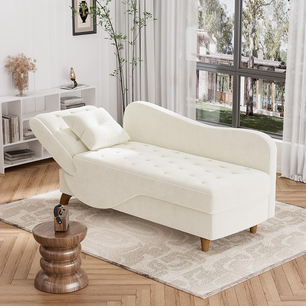 Chaise Lounge Chair Indoor with Storage,Adjustable Backrest,Beige White