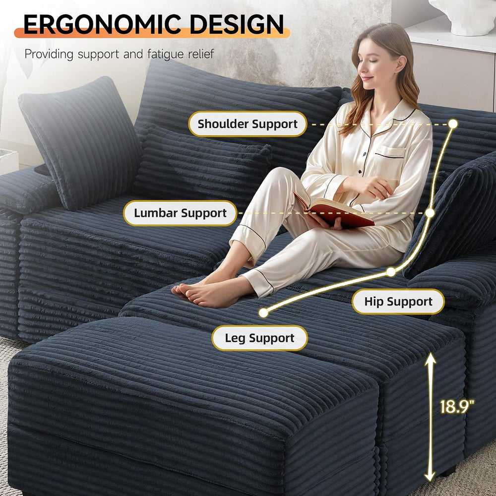 75" Corduroy Loveseat with Storage Ottoman, Cloud Deep Seat Couch with C...