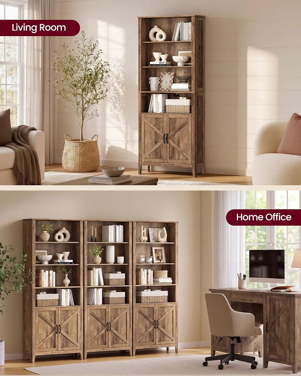 vasagle farmhouse bookshelf, 6-tier bookcase with doors showing dimensions