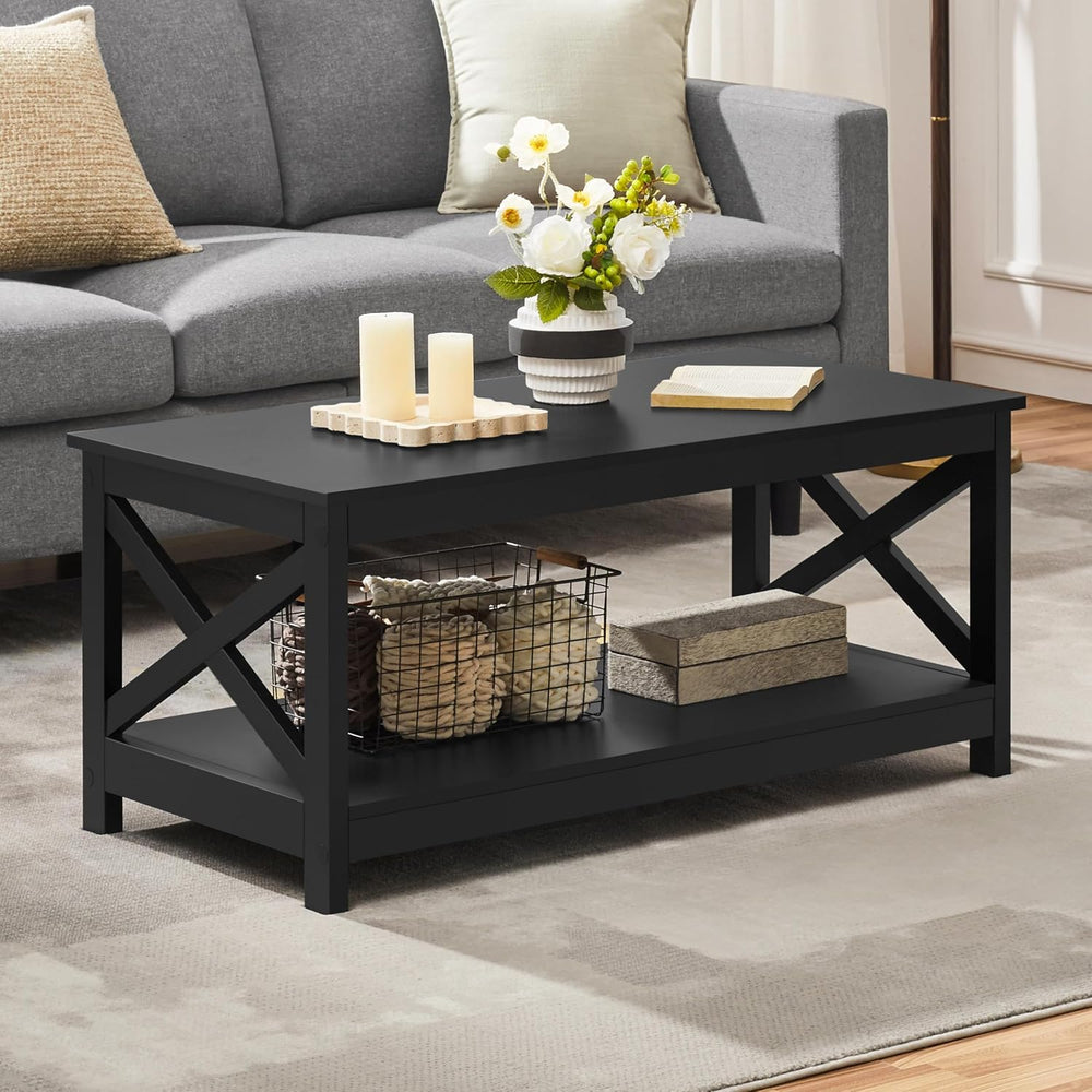 Yaheetech Black Coffee Table for Living Room, X-Design Storage Shelf, 39.5“