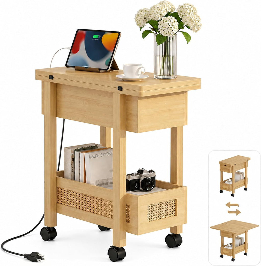 YOSHOOT Narrow End Table with Charging Station, Small Bedside Table