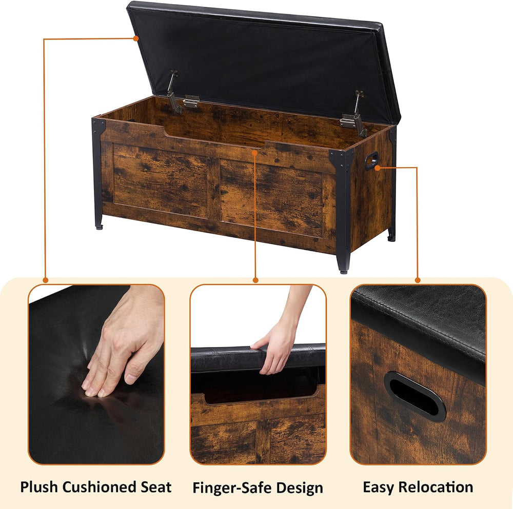 IDEALHOUSE 39.4" Storage Bench with 2 Safety Hinges, Rustic Brown
