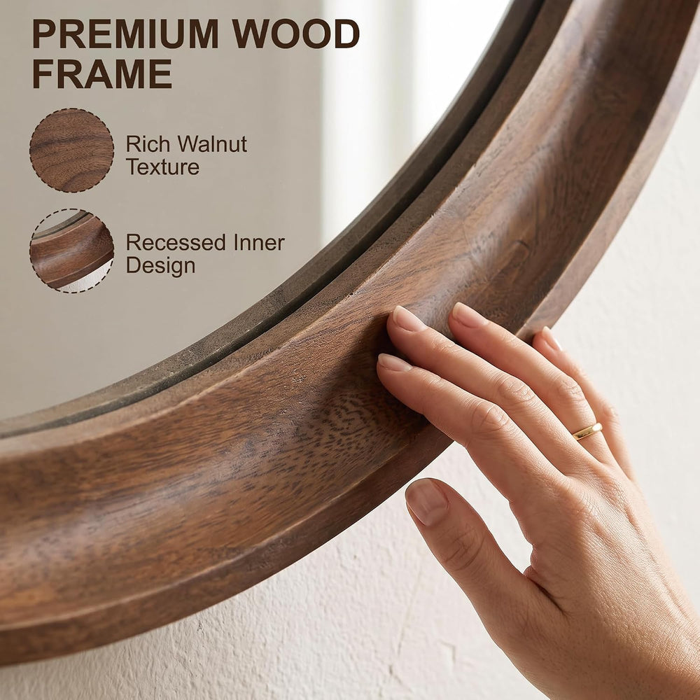 FICTOR Round Wood Mirror, 26" Circle Mirrors for Wall Decor, Walnut Brown